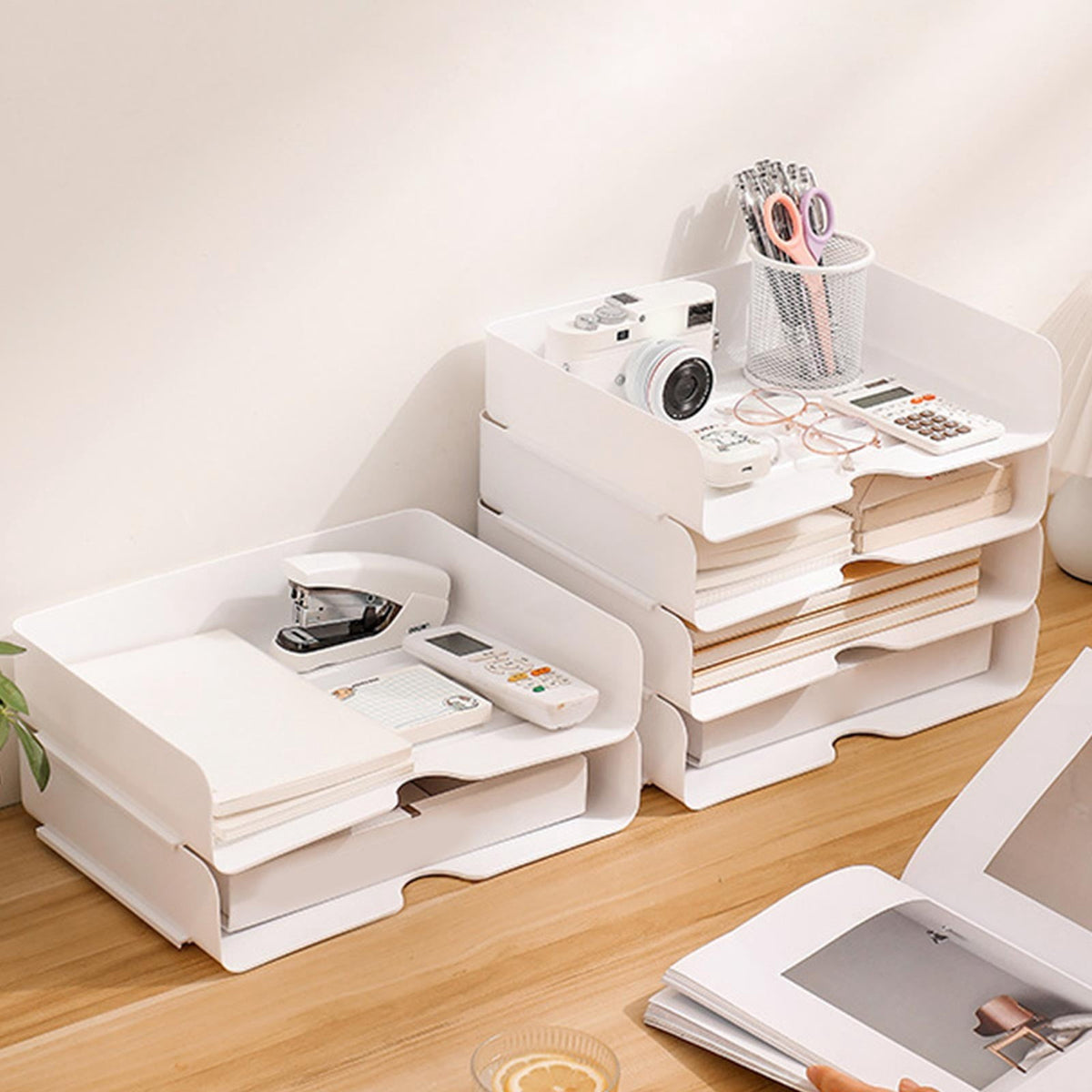 Stapelbare Ablagekörbe für A4, 4er-Set, 32 × 24 × 7 cm, Weiß - Image 4