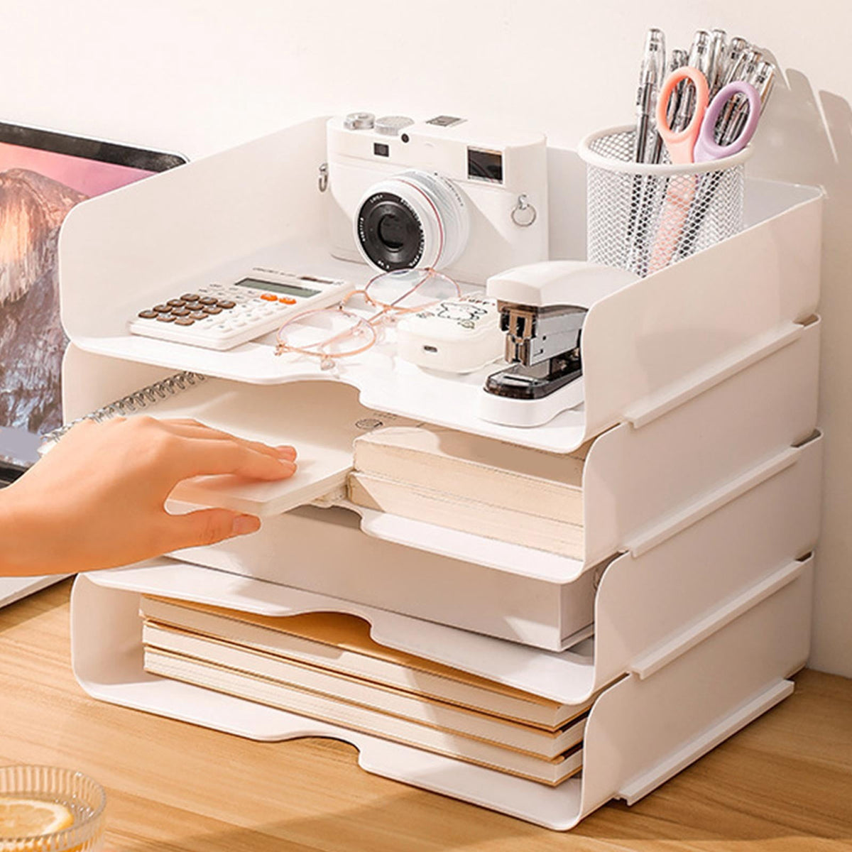 Stapelbare Ablagekörbe für A4, 4er-Set, 32 × 24 × 7 cm, Weiß - Image 2
